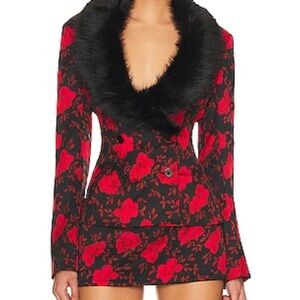 Danielle Guizio Red Floral Blazer with Black Fur Trim